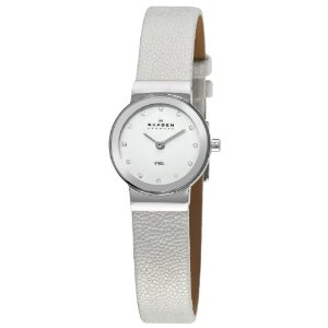  Skagen Women's 358XSSLW Steel Mother-Of-Pearl Dial White Leather Strap Watch