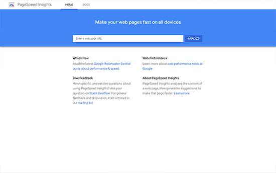 Informações de velocidade de página do Google