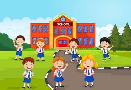 Crianças em idade escolar felizes em frente à escola Foto de archivo - 45092989