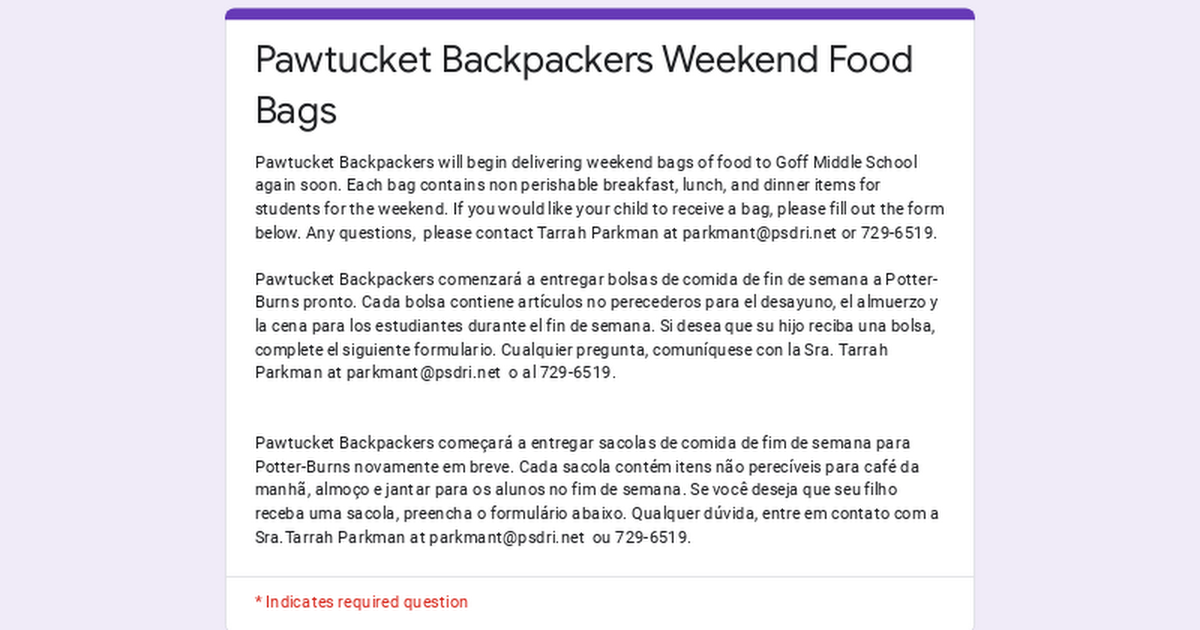 Pawtucket Backpackers Weekend Food Bags