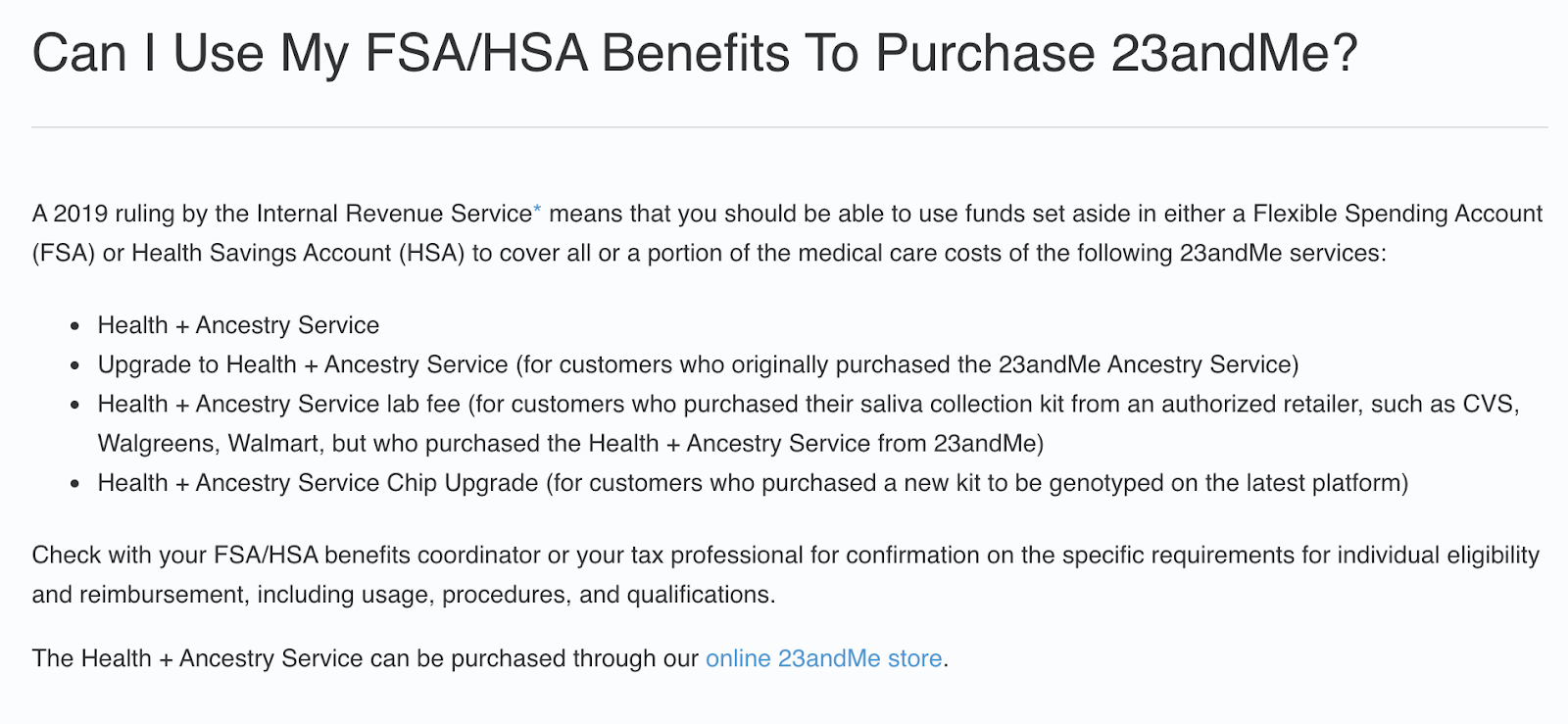 Explanation on the 23andMe website of how to use FSA/HSA.