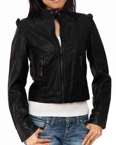 Ladies Black Synthetic Leather Biker Jacket 2 Button Neck