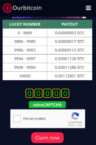 OurBitcoin faucet claim captcha and BTC payout per roll