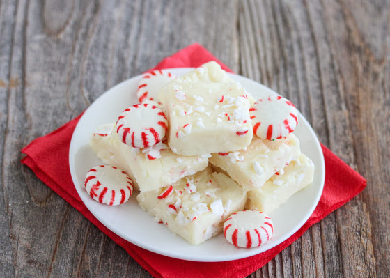 photo of Peppermint Fudge on a white plate with mint candies