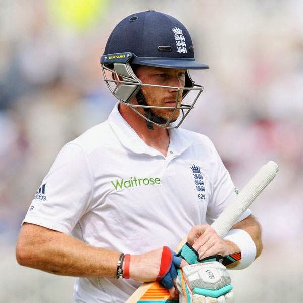 England's Ian Bell walks back to the pavilion being bowled by India's Ishant Sharma caught M S Dhoni for 25 runs during day three of the first Test between England and India at Trent Bridge cricket ground, Nottingham, England, Friday July 11, 2014.