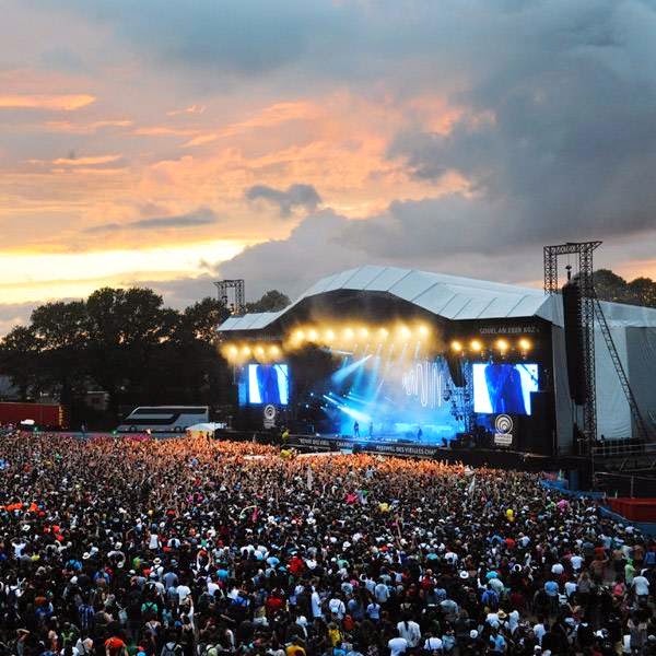 View of the main stage during the Artic Monkey concert on July 19, 2014 during the 23rd Festival des Vieilles Charrues in Carhaix-Plouguer, western France. 