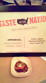 A taste of Taste of the Nation- a taste of potato latkes with steelhead pastrami, sour cream, and dill from Imperial