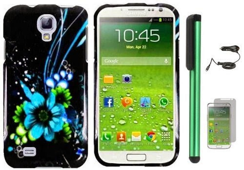  Samsung Galaxy S4 i9500 Combination - Premium Vivid Design Protector Hard Cover Case / Car Charger / Screen Protector Film / 1 of New Assorted Color Metal Stylus Touch Screen Pen (Blue Green Flower White Drop On Black)