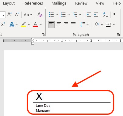 Microsoft Word document with a signature line highlighted.