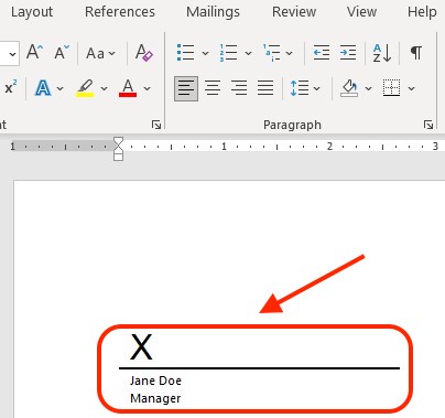 Microsoft Word document with a signature line highlighted.