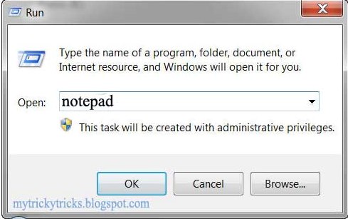 notepad in run, run