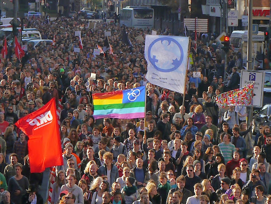 Demonstranten mit Fahnen und Transparenten.