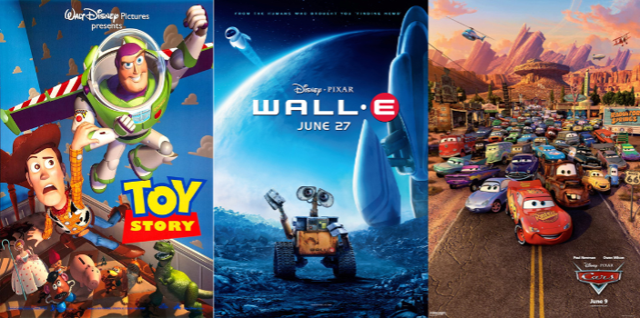 Examples of Pixar animated movies available on Disney Plus.