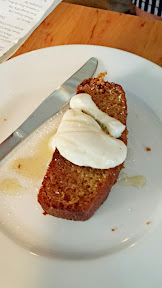 Mediterranean Exploration Company, dessert of Date Olive Oil Cake with honey yogurt. orange blossom syrup
