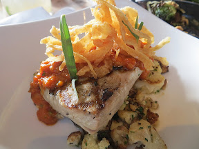 Grilled Yellowtail, smashed cauliflower, crispy onions, romesco sauce,  Manhattan Beach Post restaurant, Manhattan Beach, Los Angeles