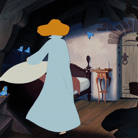 An animated Cinderalla skips around her bedroom. She lays her pillow on the bed and then her blanket. Several blue and red birds flock to it and make the bed look neat as Cinderella walks away.