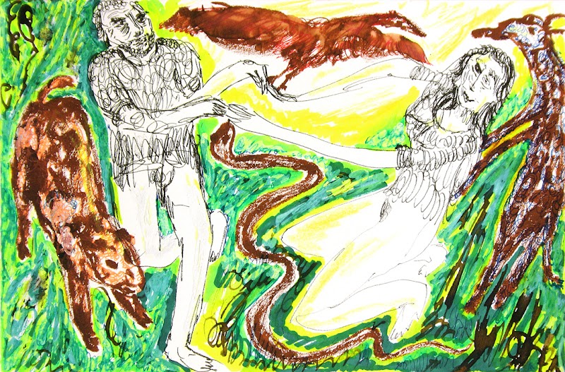 eve & adam dancing with the animals (tekening van Franka Waaldijk)