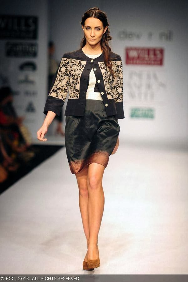 Marcela showcases a creation by fashion designers Dev r Nil on Day 3 of Wills Lifestyle India Fashion Week (WIFW) Spring/Summer 2014, held in Delhi.