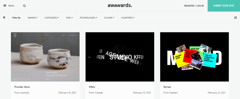 Système de filtrage sur Awwwards.