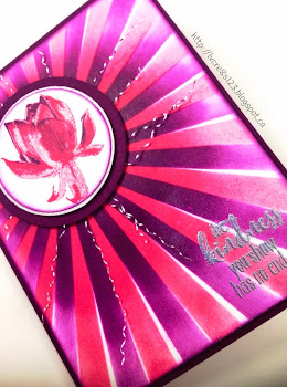 Linda Vich Creates: Play MISTI For ME. Blackberry Bliss, Rose Red and Strawberry Slush team up in this Lotus Blossom card. The Sun Rays mask from the Hooray I't's Your Day Project Kit helps direct the user's attention to this stunning flower.