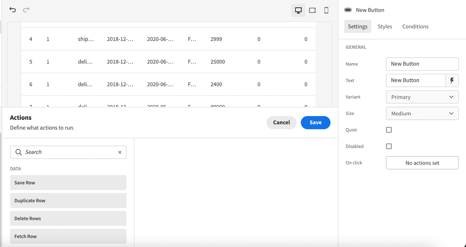 Component action options in Budibase