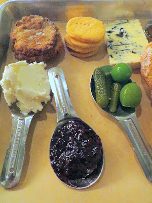 Cheese and Crack plate of Shaft's Bleu and Cypress Grove Fromage Blanc with Marionberry Jam