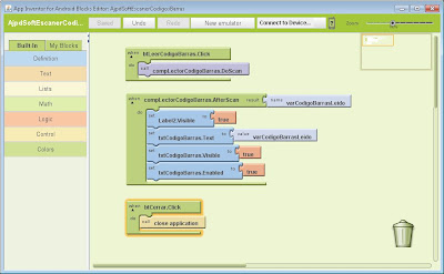 Editor de Bloques de la aplicación AjpdSoft Lector Códigos de Barras Android en Google App Inventor