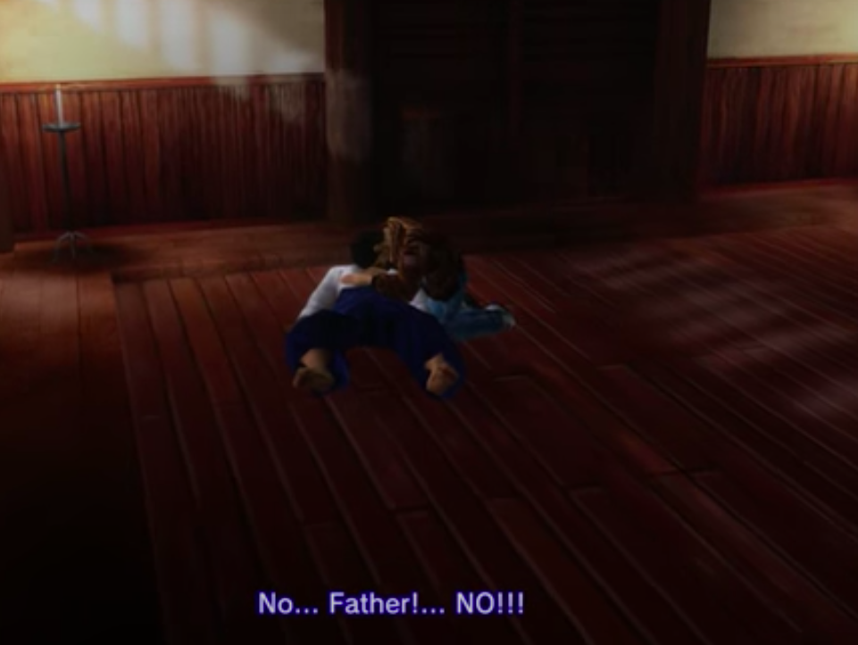 Ryo holding in dying father screenshot from the video game Shenmue
