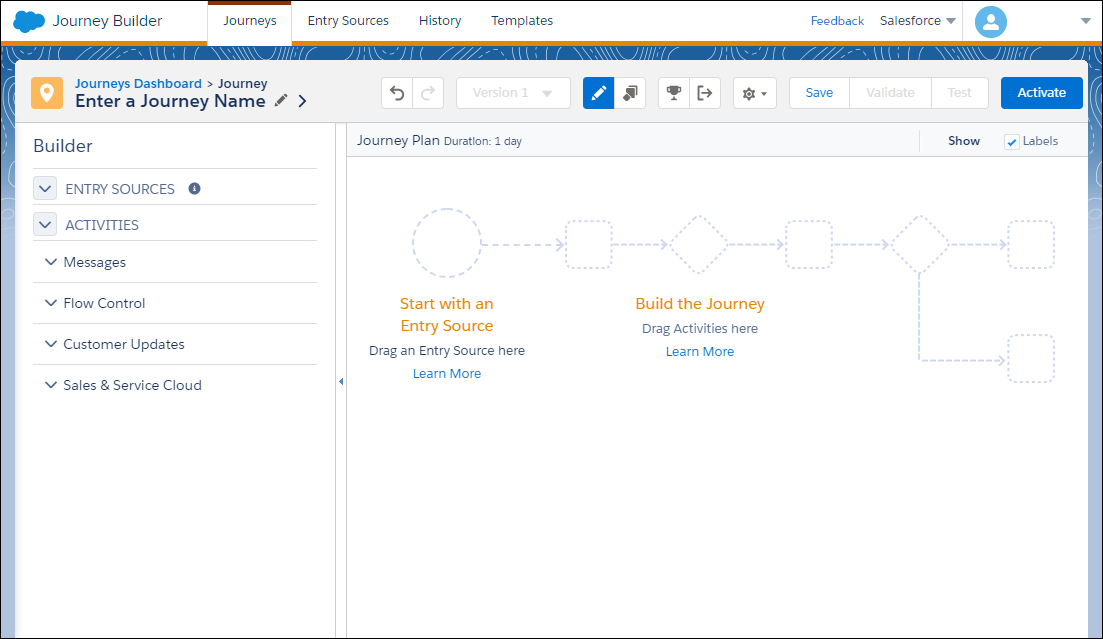 Un lienzo en blanco en Journey Builder.