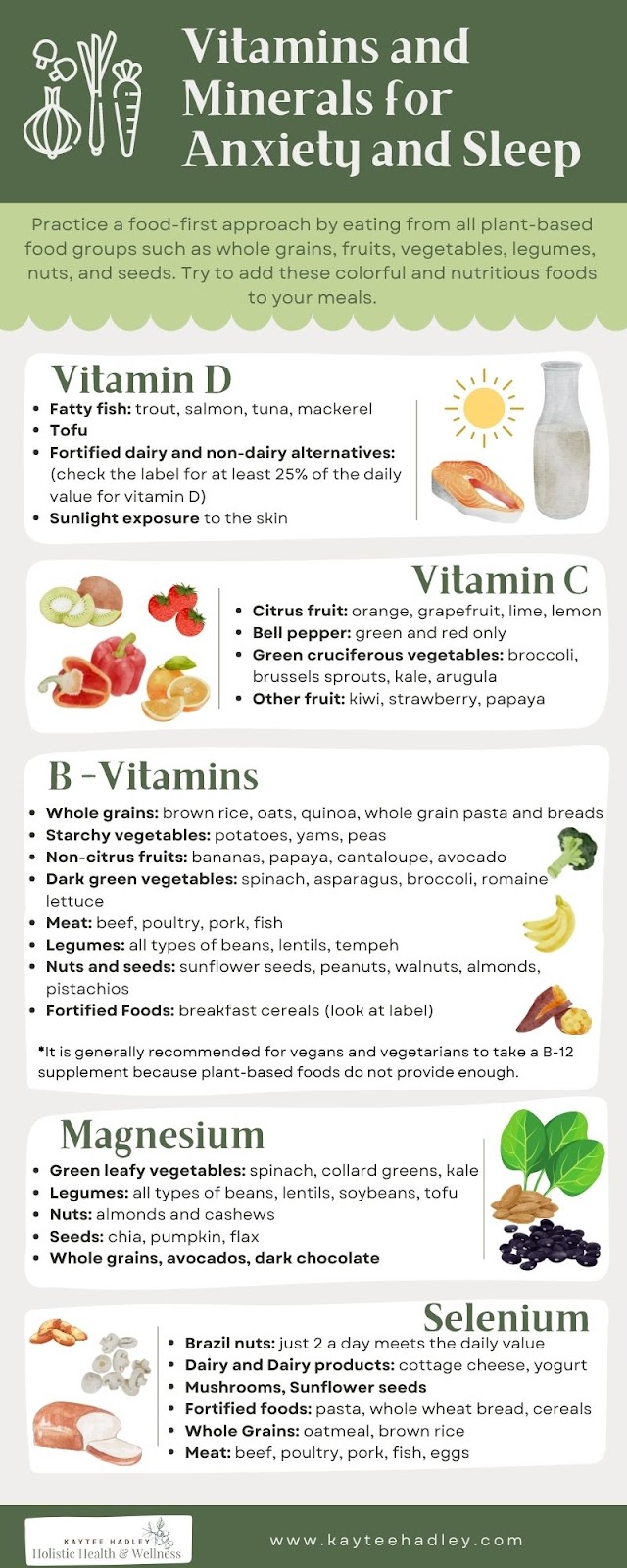 Foods containing vitamins and minerals for anxiety and sleep. 