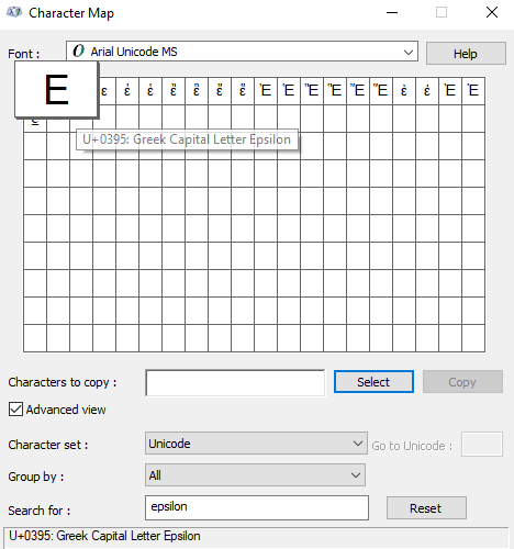 searching for epsilon symbols text in character map view