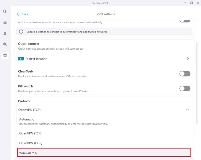 Surfshark WireGuard protocol selected