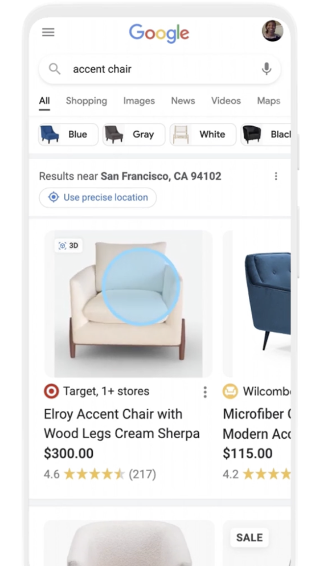 An image of a chair for sale with an option to view it as a 3D model