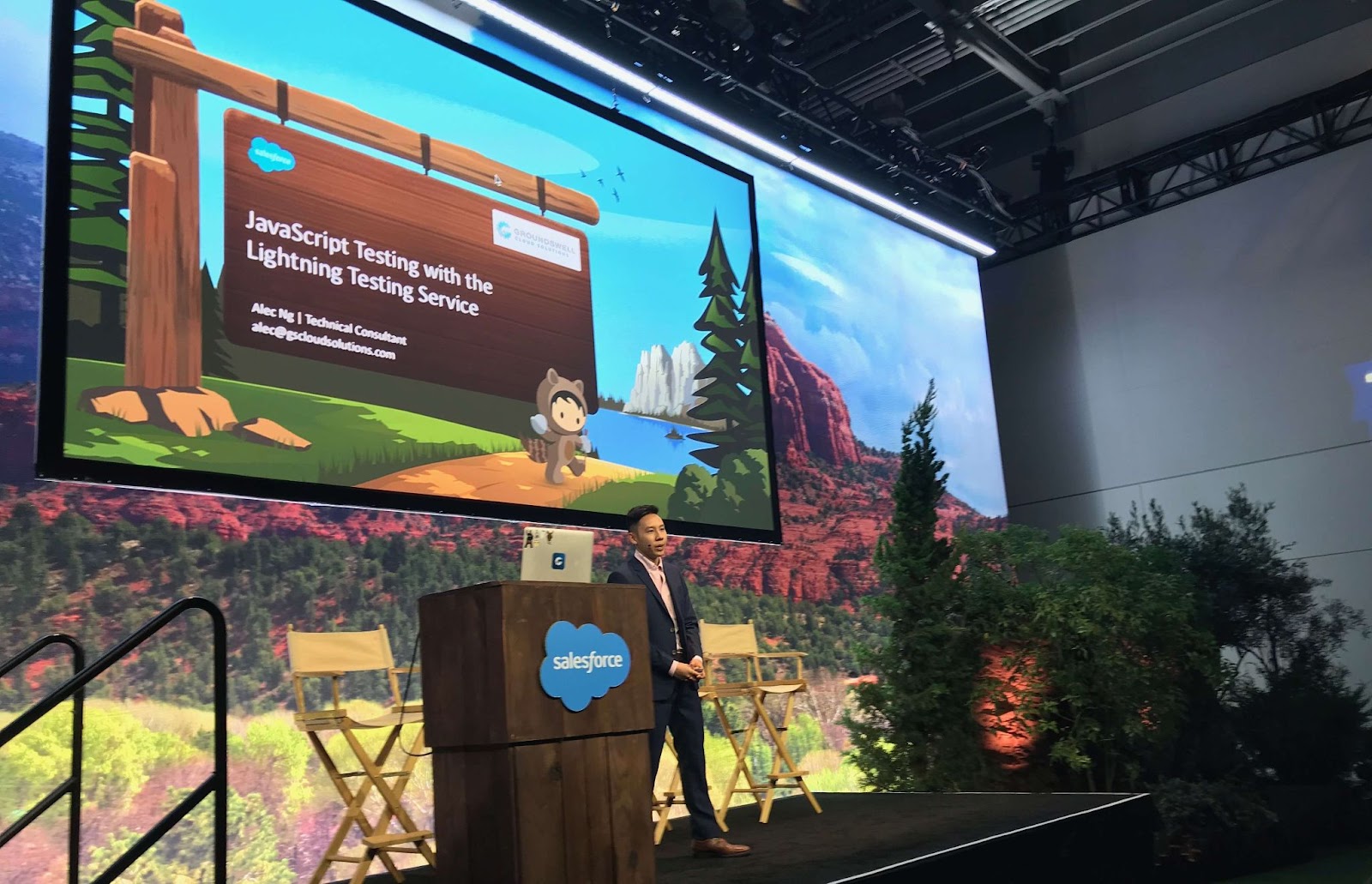 A photo of Alex presenting at Dreamforce for Groundswell Cloud Solutions is in the Insider’s Guide to Dreamforce 2022