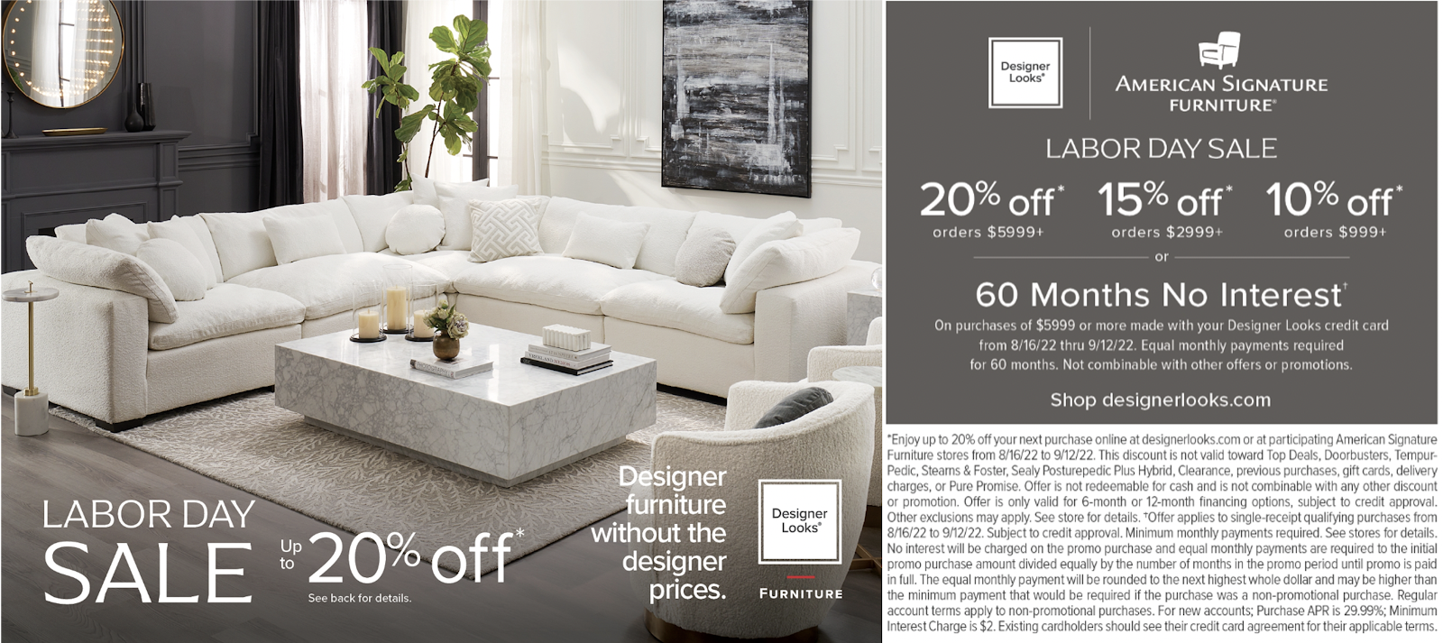 Modern living room with white couch and modern accents with labor day sale for programmatic direct mail