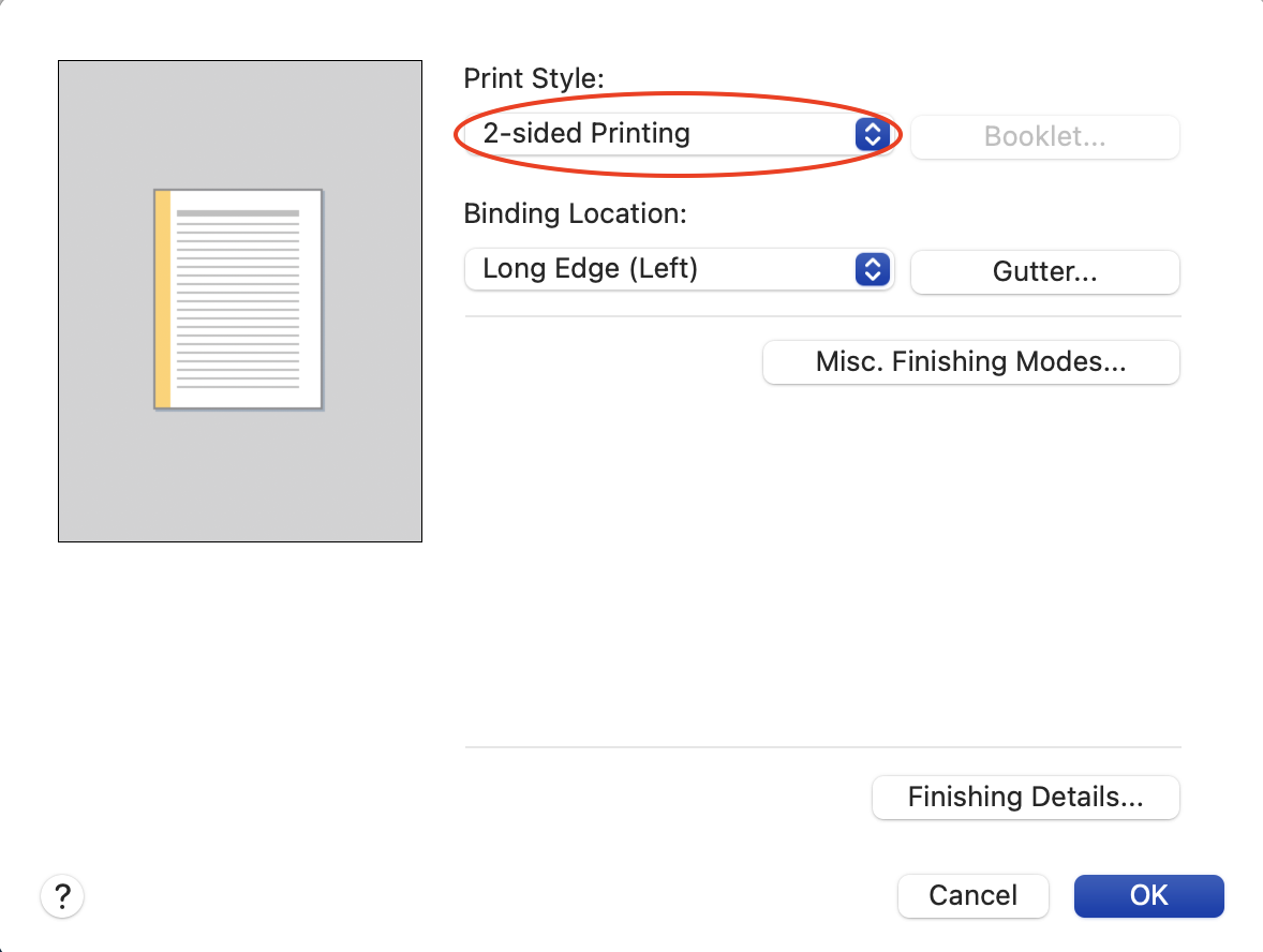 A red circle around 2-sided printing selected as the print style 