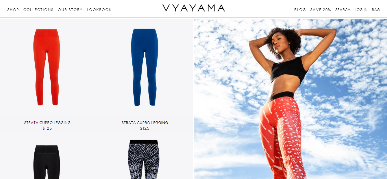 Website home page with leggings pants options and a woman wearing a red legging