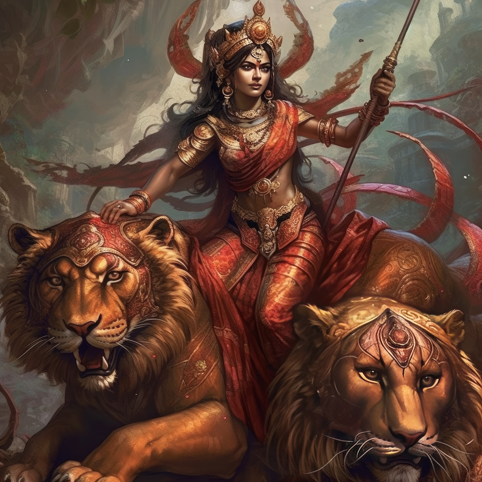 The artwork depicts Durga atop a lion holding golden weapons such as a trident, and wearing golden jewelry including bangles, a headpiece, and heavy gold necklaces.