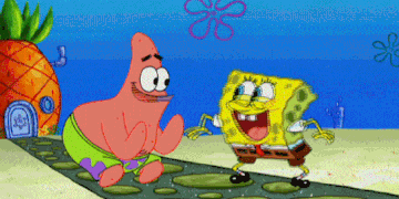 Spongebob Square Pants gif of Spongebob with Patrick jumping up and down high-fiving.