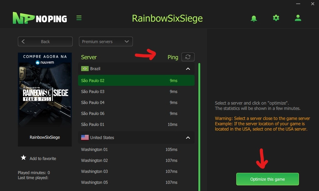 screenshot from NoPing website displaying the page regarding rainbow six siege servers