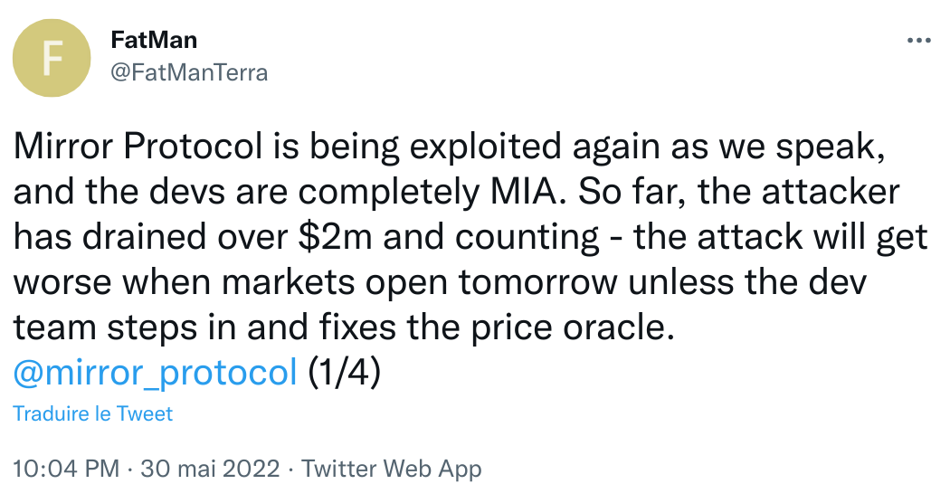 FatMan alerte sur Twitter concernant le hack de Mirror sur Terra qui a entraîné la perte de 2 millions de dollars