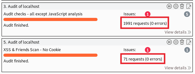 1991 requests vs the 71 requests with a scan profile in place on burp suite