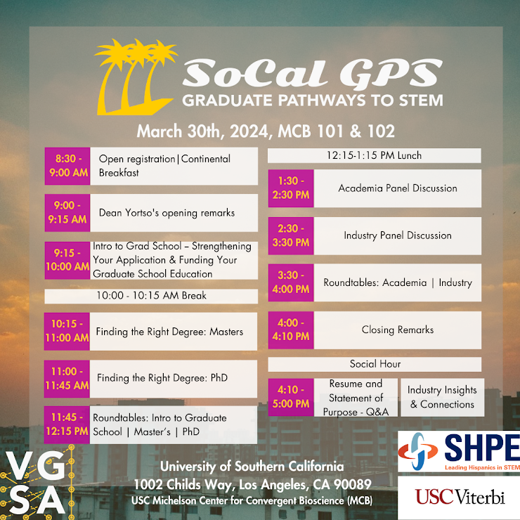 This is an event schedule poster for "SoCal GPS: Graduate Pathways to STEM," dated March 30th, 2024, taking place at MCB 101 & 102. It features a timeline of events ranging from 8:30 AM to 5:00 PM, including registration, breakfast, opening remarks, various informational sessions about graduate school, panel discussions, roundtables, and social hour. 