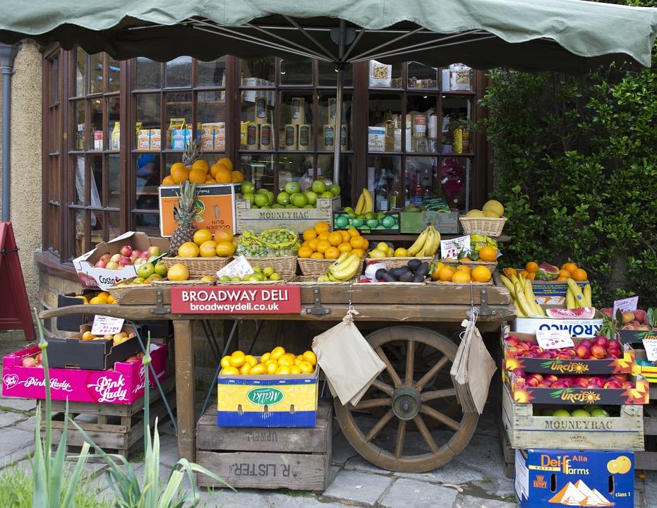 Fruiterer'S Handcart, Apples, Oranges, Bananas, Melons