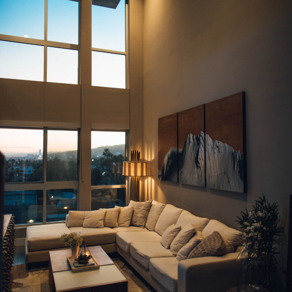 Art deco interior design with L-shaped sofa
