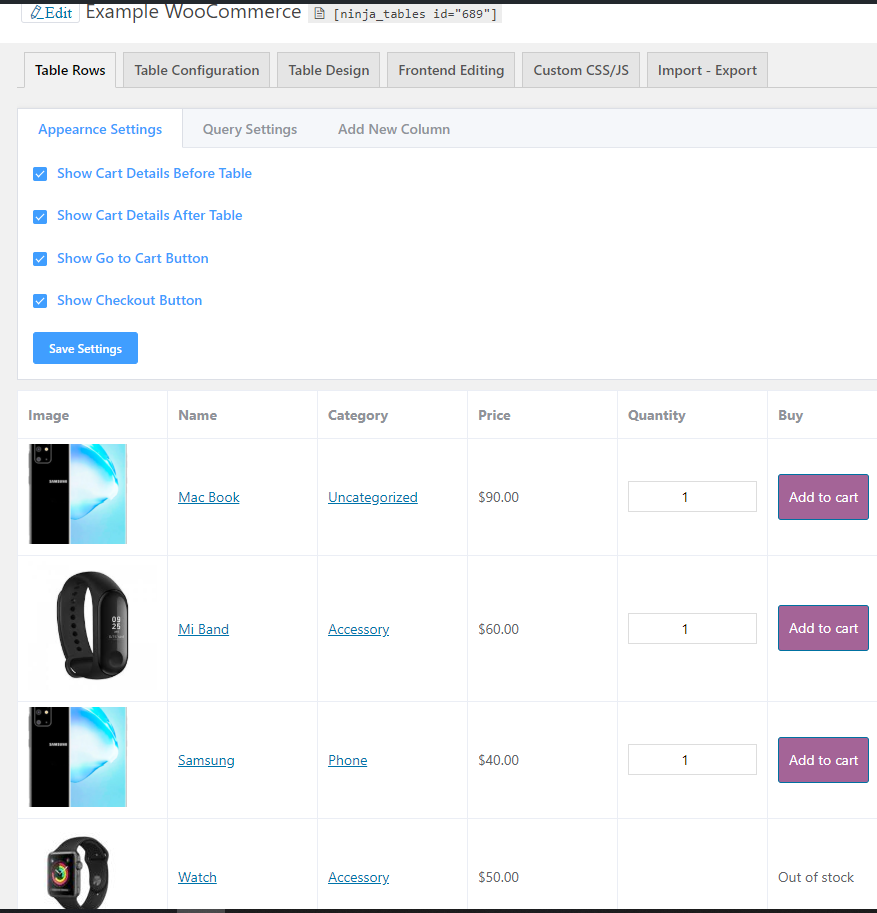 Ninja Tables WooCommerce demo table