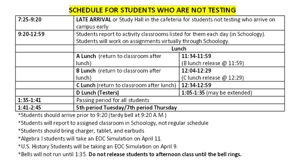 BELL SCHEDULES FOR APRIL EOC EXAMS