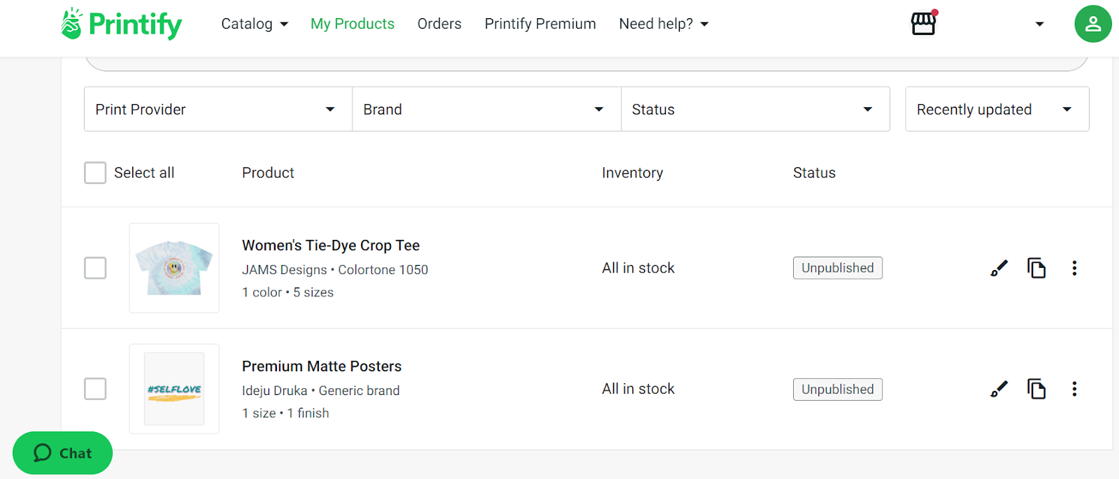 Dropship Art Prints - Printify product dashboard