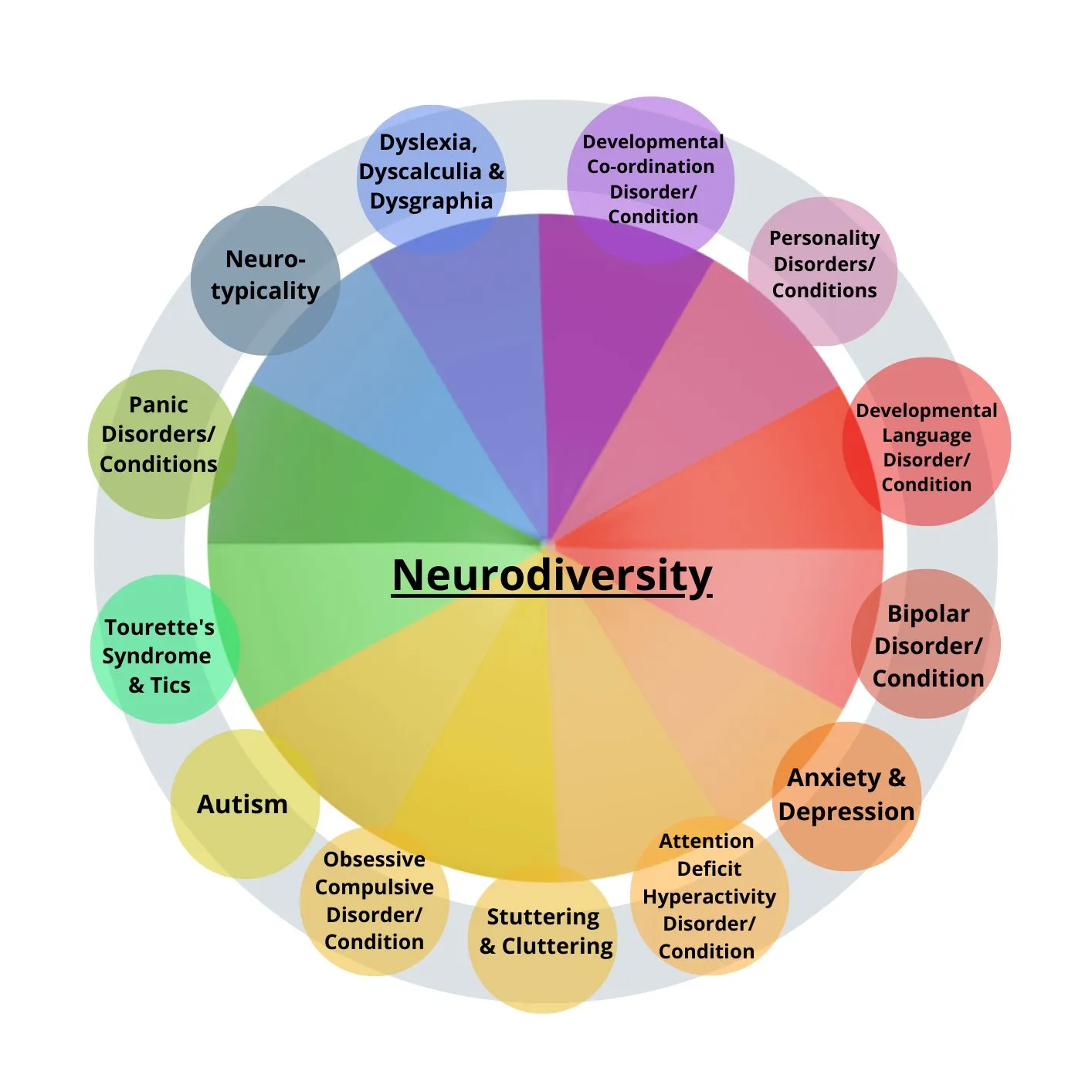 Neurodiversity is in the middle of a circle. Different diagnoses are around the circle. 