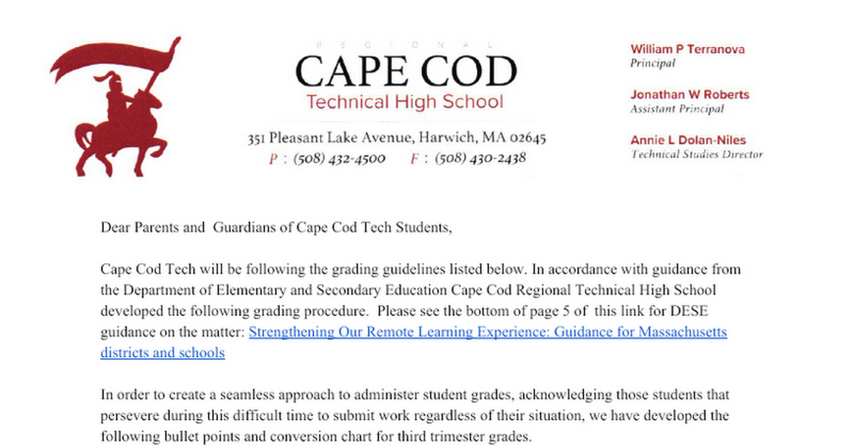 Cape Cod Tech Grading Procedures For Covid-19